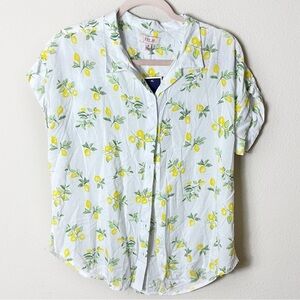 NWT Per Se Lemon Button Down Short Sleeve Top White Yellow Lemon size Medium